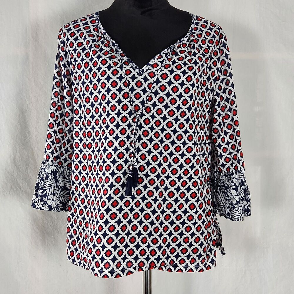 Tommy Bahama XS Blue White Red Geometric Tassel Tie Peasant Blouse Lightweight